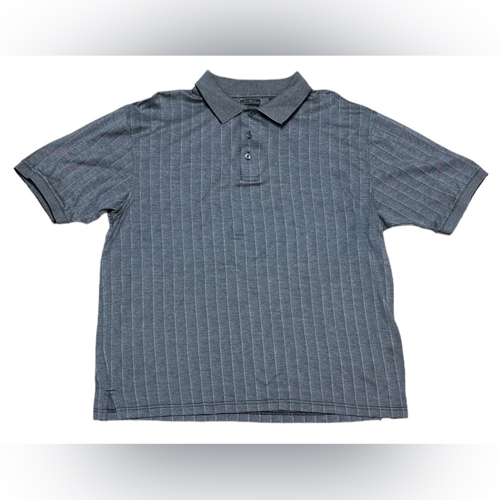 (SOLD) Haggar Tour Polo Shirt Men’s L Grey Stripe Golf Casual Preppy 60s Two Ply